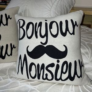 Set of 2 down filled decorative pillows “Bonjour monsieur”